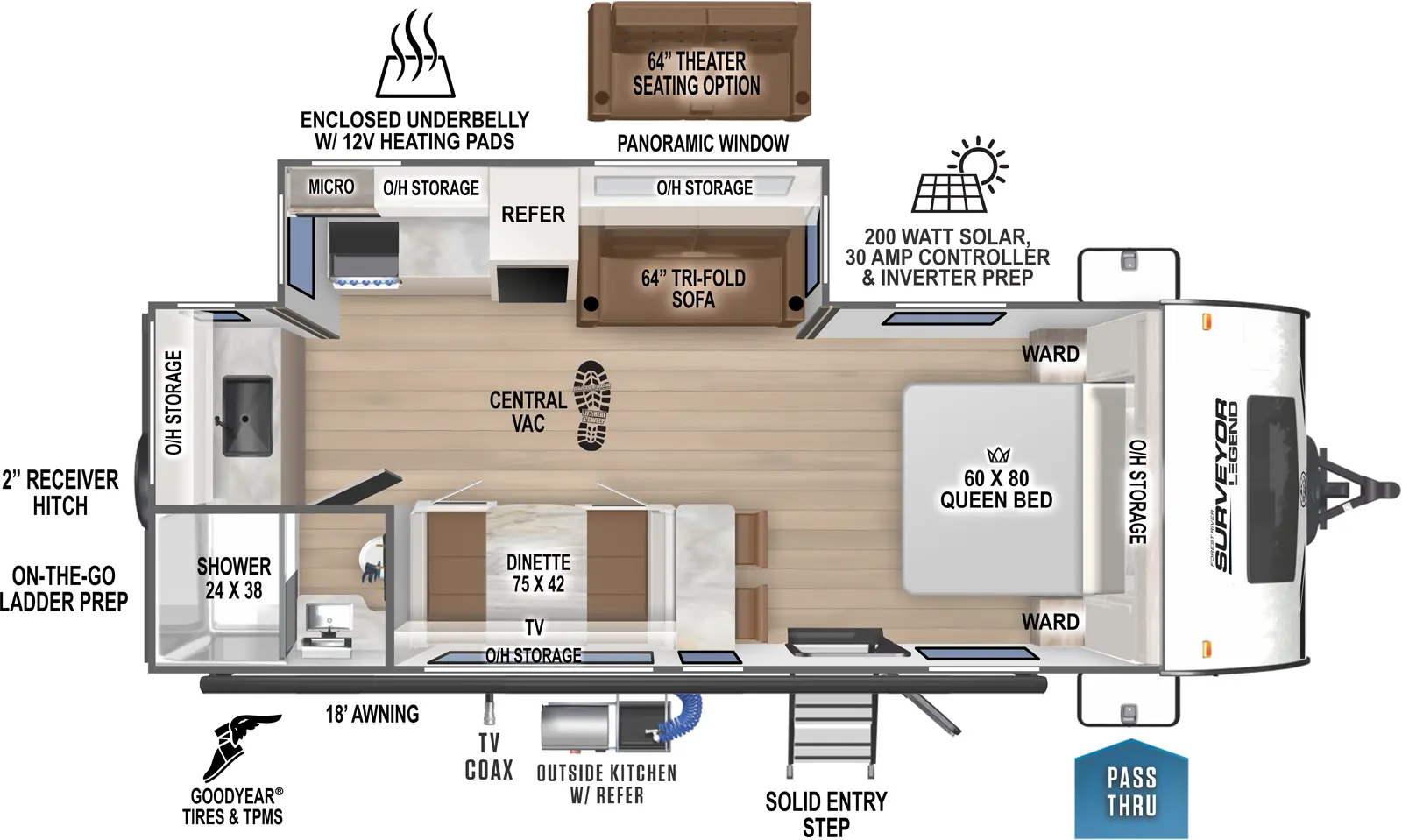 The 204MKLE has one entry and one slideout. Exterior features pass thru storage, solid entry step, TV coax, an outside kitchen with refrigerator, 18 foot awning, Goodyear tires and TPMS, on-the-go-ladder prep, 2 inch receiver hitch, enclosed underbelly with 12 volt heating pads, and 200 watt solar with 30 amp controller and inverter prep. Interior layout front to back: foot-facing queen bed with overhead storage and wardrobes on each side; off-door side slideout with tri-fold sofa (optional theater seating) and overhead storage, refrigerator, kitchen counter with cooktop, overhead storage and microwave; door side entry, bar top with chairs, and dinette with TV and overhead storage; rear door side full bathroom and kitchen counter with sink and overhead cabinet. RV has central vacuum.